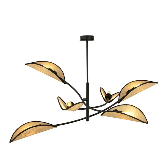 Black and rattan hanging lamp with 6 arms