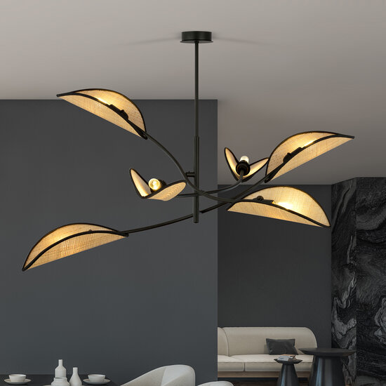 Black and rattan hanging lamp with 6 arms