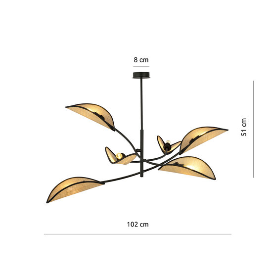 Lampe à suspension noire et rotin à 6 bras
