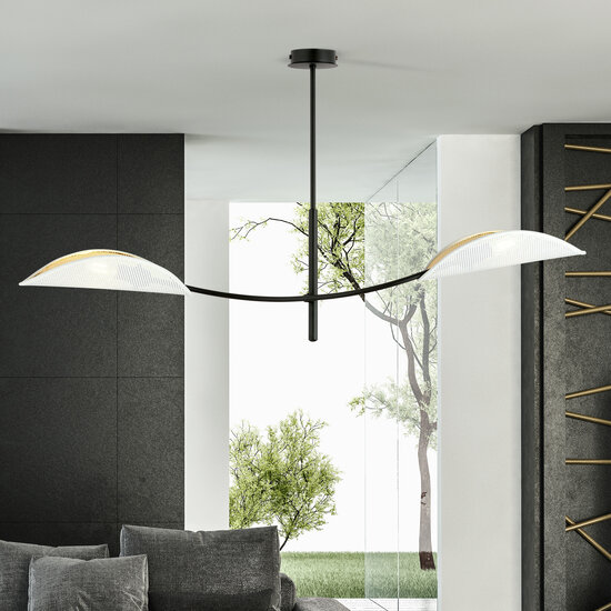 White and gold hanging lamp with 2 curved arms