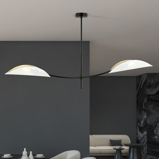 White and gold hanging lamp with 2 curved arms