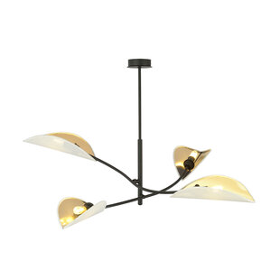 Wit met gouden hanglamp met 4 armen en transparante bladeren