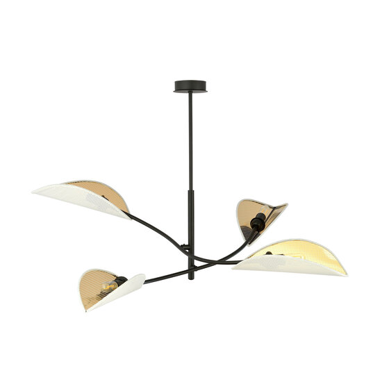 Wit met gouden hanglamp met 4 armen en transparante bladeren