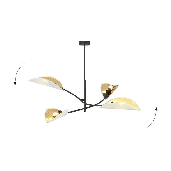 Wit met gouden hanglamp met 4 armen en transparante bladeren