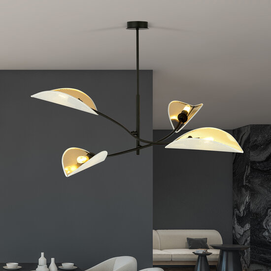 White with gold hanging lamp with 4 arms and transparent leaves