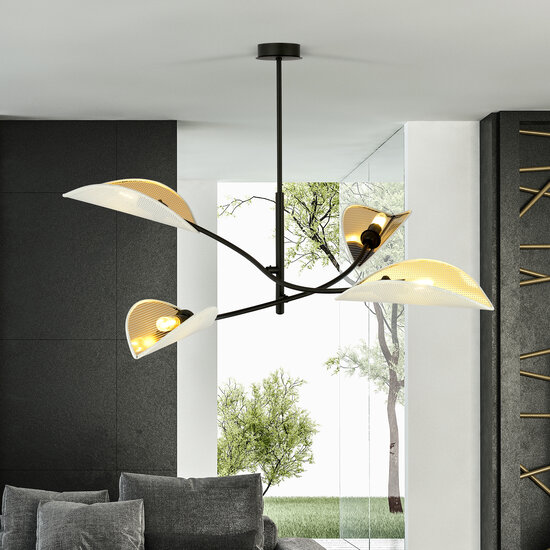 White with gold hanging lamp with 4 arms and transparent leaves