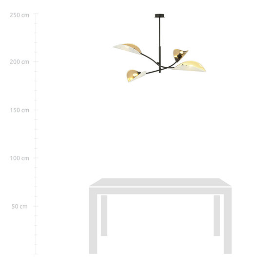 White with gold hanging lamp with 4 arms and transparent leaves
