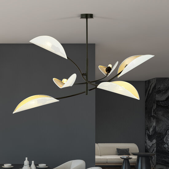 White and gold hanging lamp with 6 arms