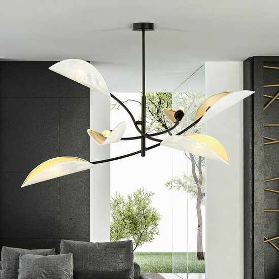 White and gold hanging lamp with 6 arms