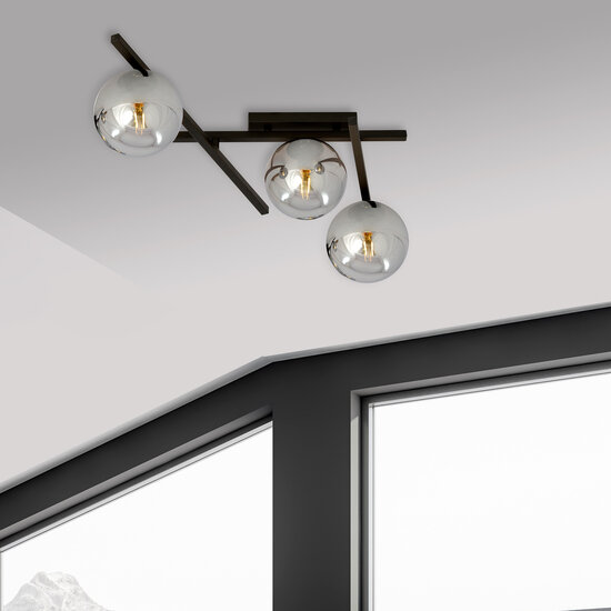 Deckenleuchte aus Glas und Metall mit 3 Rauchglaskugeln