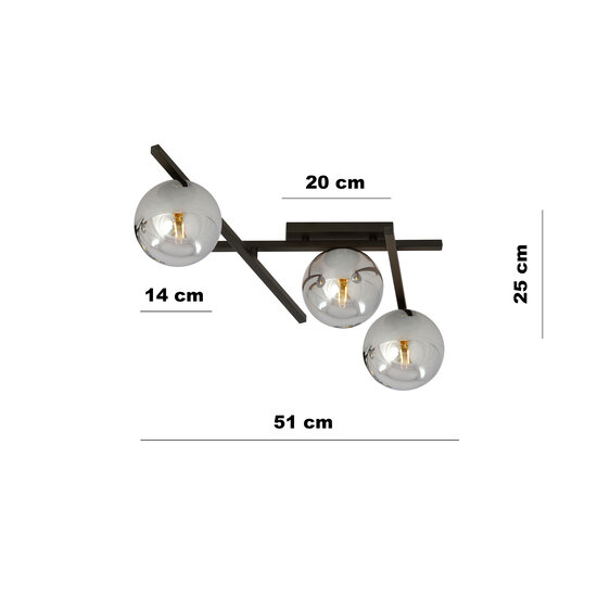 Lámpara de techo de cristal y metal con 3 esferas de cristal ahumado.