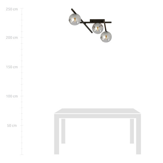 Glas en metaal plafondlamp met 3 rookglas bollen