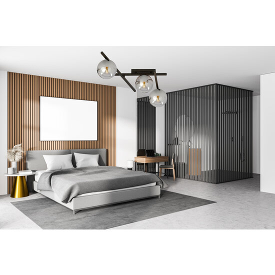 Glass and metal ceiling lamp with 3 smoked glass spheres