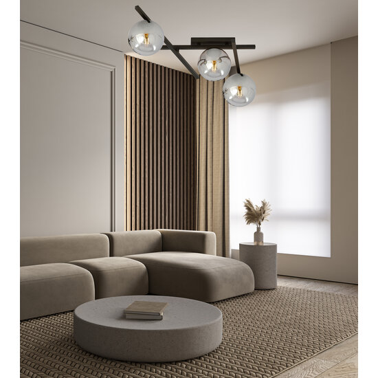 Glass and metal ceiling lamp with 3 smoked glass spheres