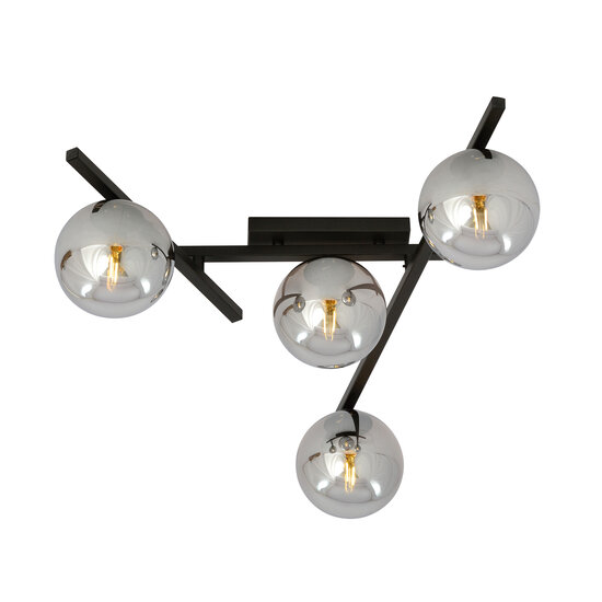 Metaal en glas plafondlamp met 4 rookglas bollen