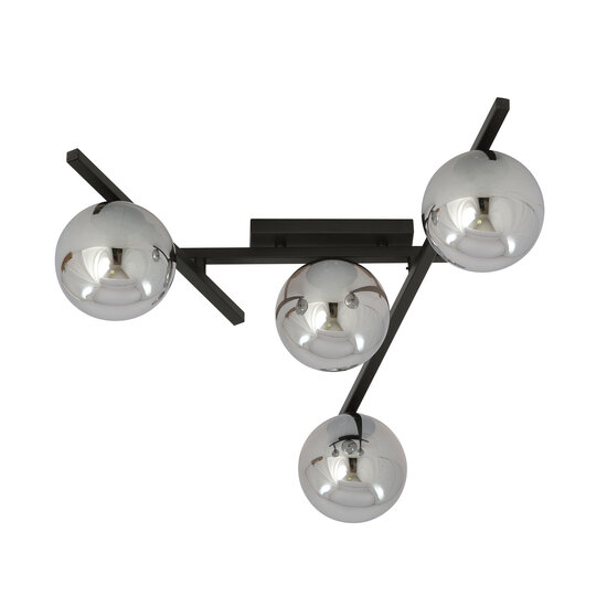 Metaal en glas plafondlamp met 4 rookglas bollen