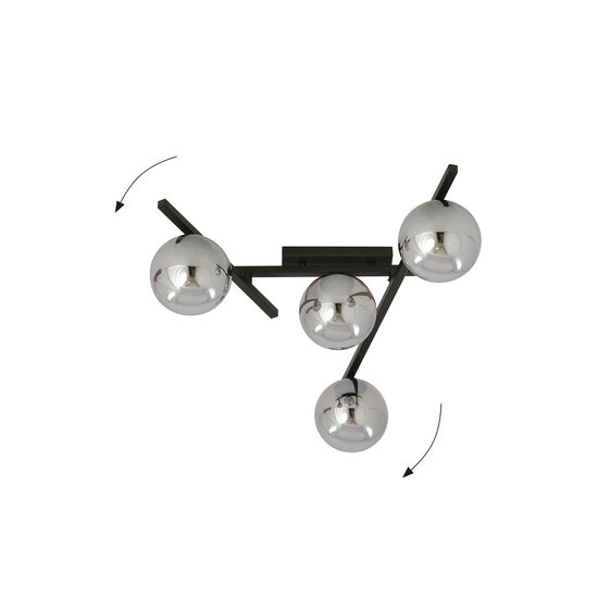 Metaal en glas plafondlamp met 4 rookglas bollen