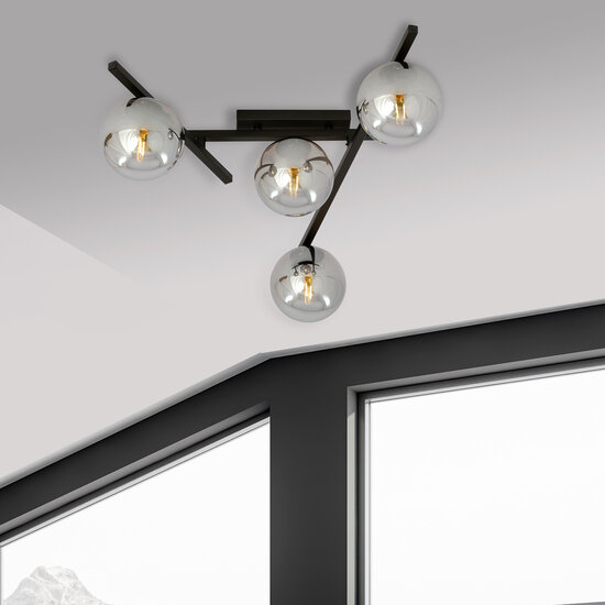 Deckenleuchte aus Metall und Glas mit 4 Rauchglaskugeln