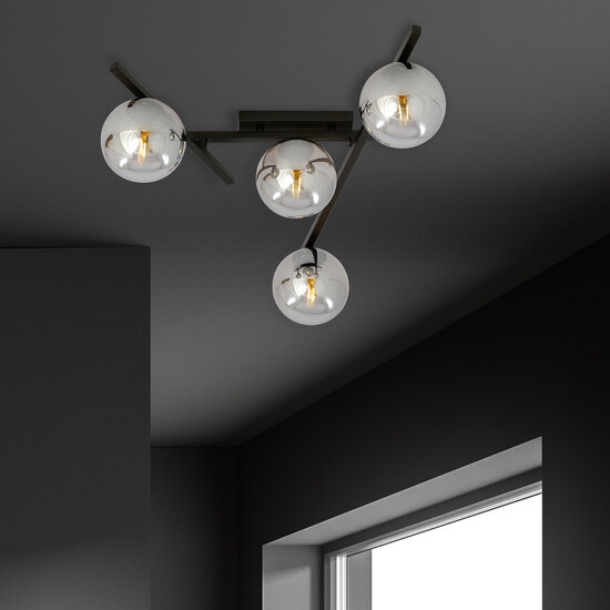 Metaal en glas plafondlamp met 4 rookglas bollen