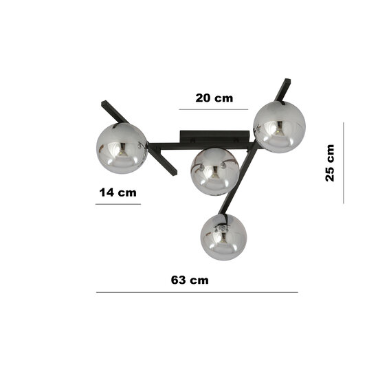 Metaal en glas plafondlamp met 4 rookglas bollen