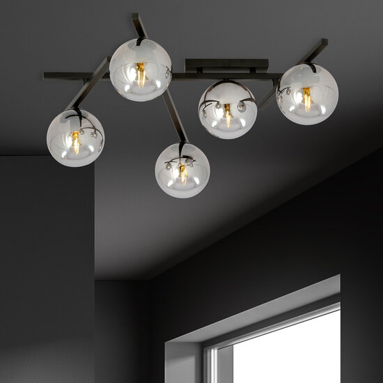 Plafondlamp met 5 gerookte bollen E14