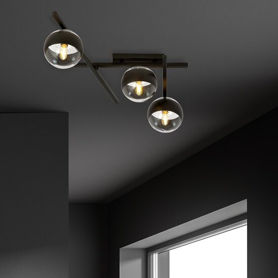 Mooie glas en metaal plafondlamp met 3 gestreepte bollen