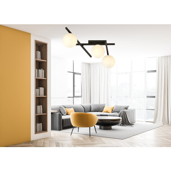 Wit glas en metaal plafondlamp met 3 bollen knap design