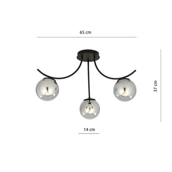 Copenhagen ceiling lamp black with 3 smoked glass balls