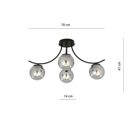Plafonnier Copenhagen en verre fumé noir avec 4 boules de verre
