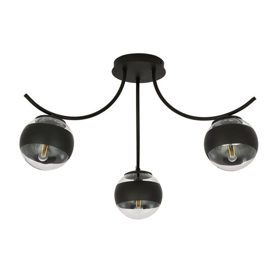Lámpara de techo Copenhagen negra con 3 bolas de cristal rayadas