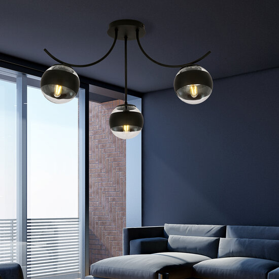 Lámpara de techo Copenhagen negra con 3 bolas de cristal rayadas