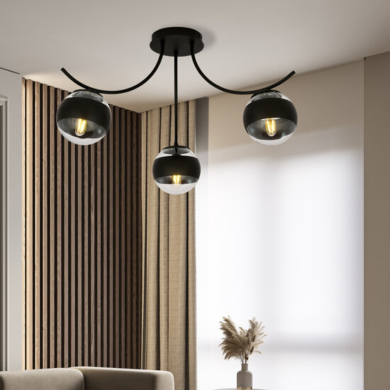 Lámpara de techo Copenhagen negra con 3 bolas de cristal rayadas