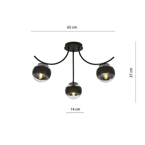 Lámpara de techo Copenhagen negra con 3 bolas de cristal rayadas