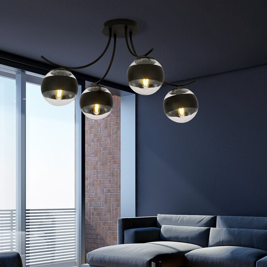 Lámpara de techo Copenhagen de cristal rayado negro con 4 bolas de cristal
