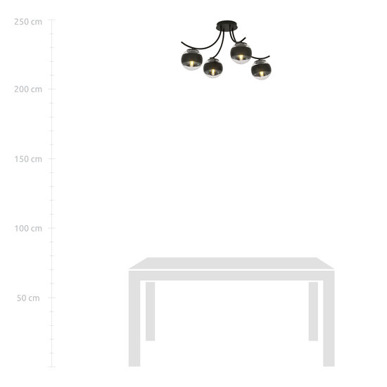 Lámpara de techo Copenhagen de cristal rayado negro con 4 bolas de cristal