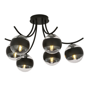 Kopenhagen zwarte 6 lamps plafonniere met gestreepte bollen glas E14