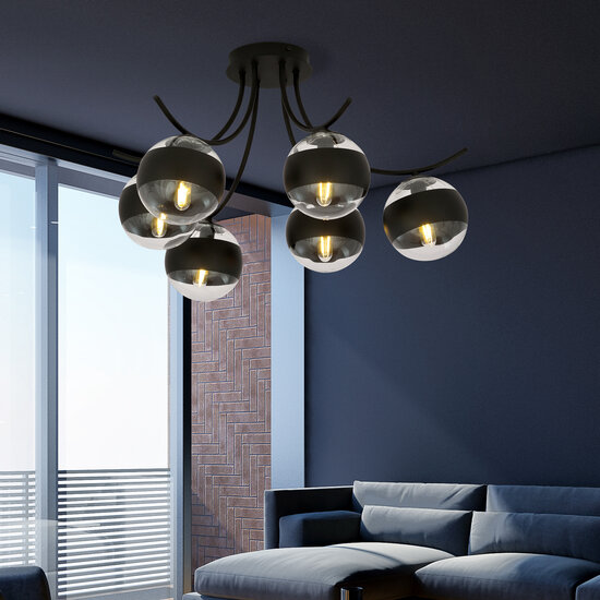 Copenhagen black 6 lamp ceiling lamp with striped bulbs glass E14