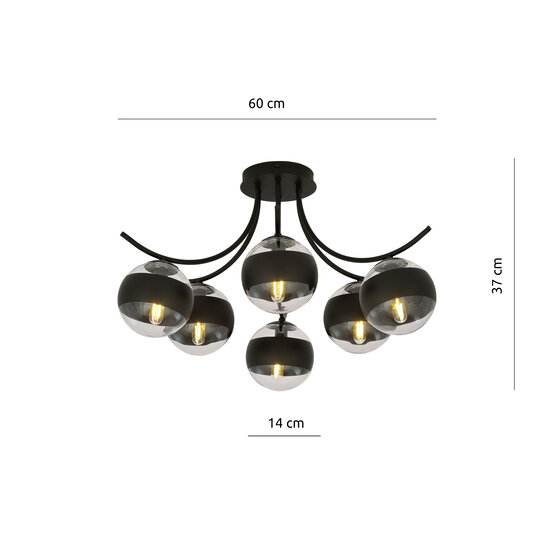 Emibig Emibig Plafonnier noir 6 lampes Copenhague avec ampoules en verre rayées E14 - Éclairage idéal pour toute chambre
