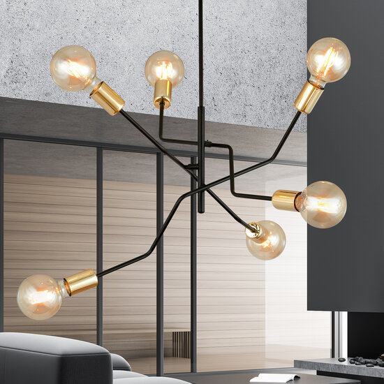 Odense Pendelleuchte 6 Lampen E27 Schwarz und Gold