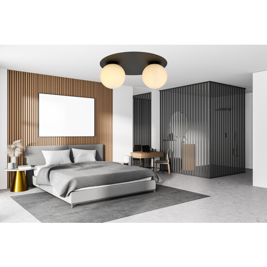 Plafonnier double Esbjerg noir avec 2 ampoules en verre opale blanc E14