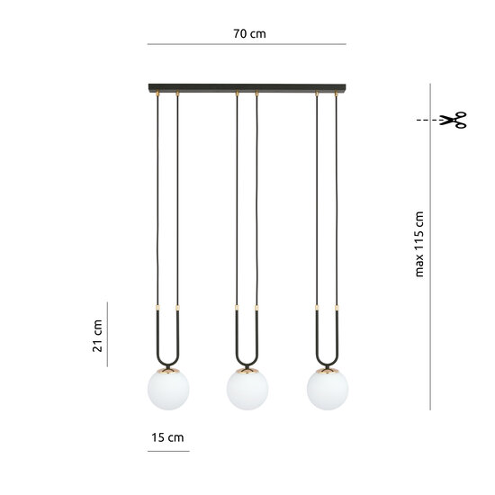 Aarhus 3 lamp E14 long hanging lamp black and opal 70 cm width