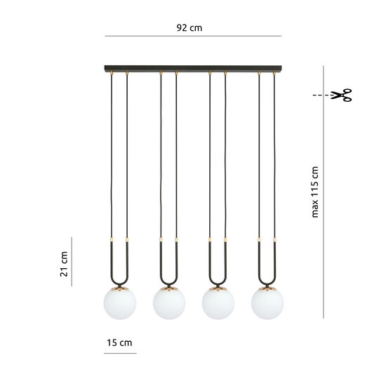 Aarhus 4 lampes E14 grande suspension noire et opale largeur 92 cm