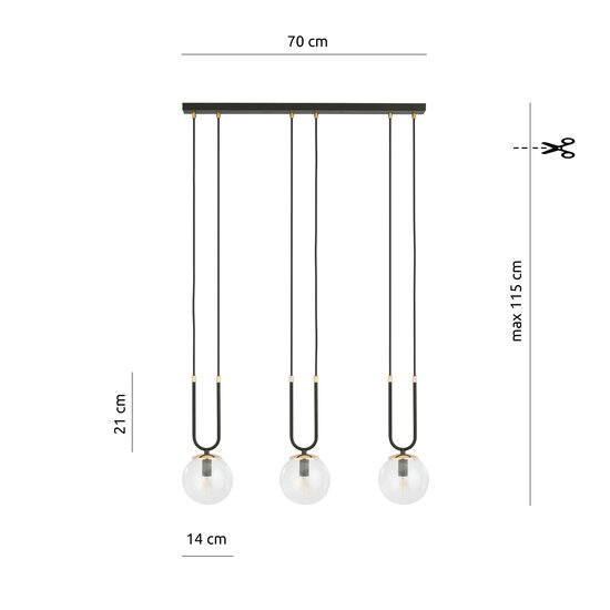 Emibig Emibig Aarhus 3 lámpara negra con vidrio transparente E14 lámpara colgante larga 70 cm de ancho - Ideal para una iluminación elegante en tu hogar