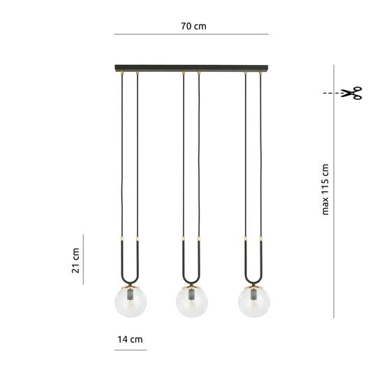 Emibig Emibig Aarhus 3 Lampe schwarz mit transparentem Glas E14 lange Hängelampe 70 cm Breite - Ideale Beleuchtung für Ihr Zuhause