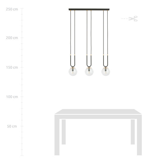 Aarhus 3 lámpara negra con cristal transparente E14 lámpara colgante larga 70 cm ancho