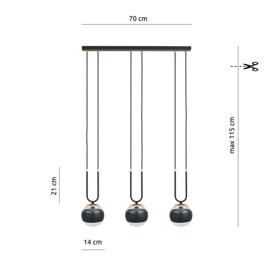 Aarhus 3 lámpara negra con cristal rayado E14 lámpara colgante larga 70 cm ancho