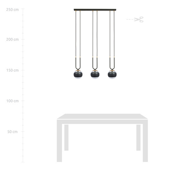Aarhus 3 lámpara negra con cristal rayado E14 lámpara colgante larga 70 cm ancho