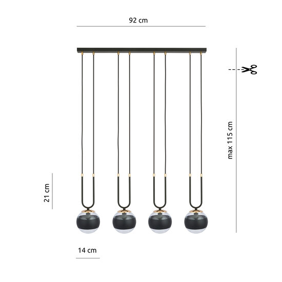 Aarhus 4 lampes noir et verre transparent E14 grande suspension largeur 92 cm