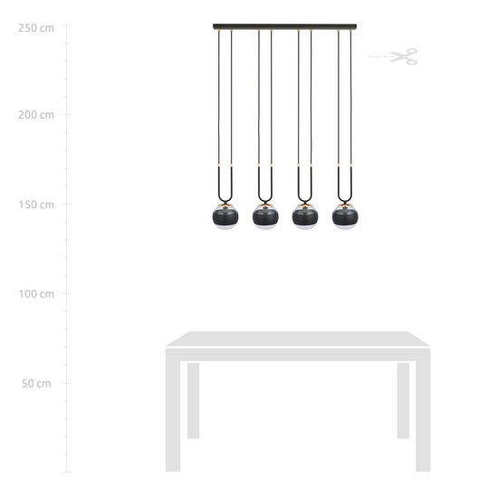 Aarhus 4 lampes noir et verre transparent E14 grande suspension largeur 92 cm