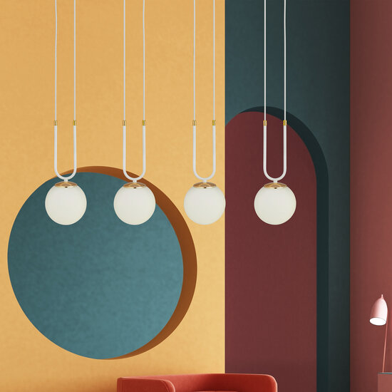 Aarhus 4 lampes blanc avec verre opale blanc E14 grande suspension 92 cm de largeur